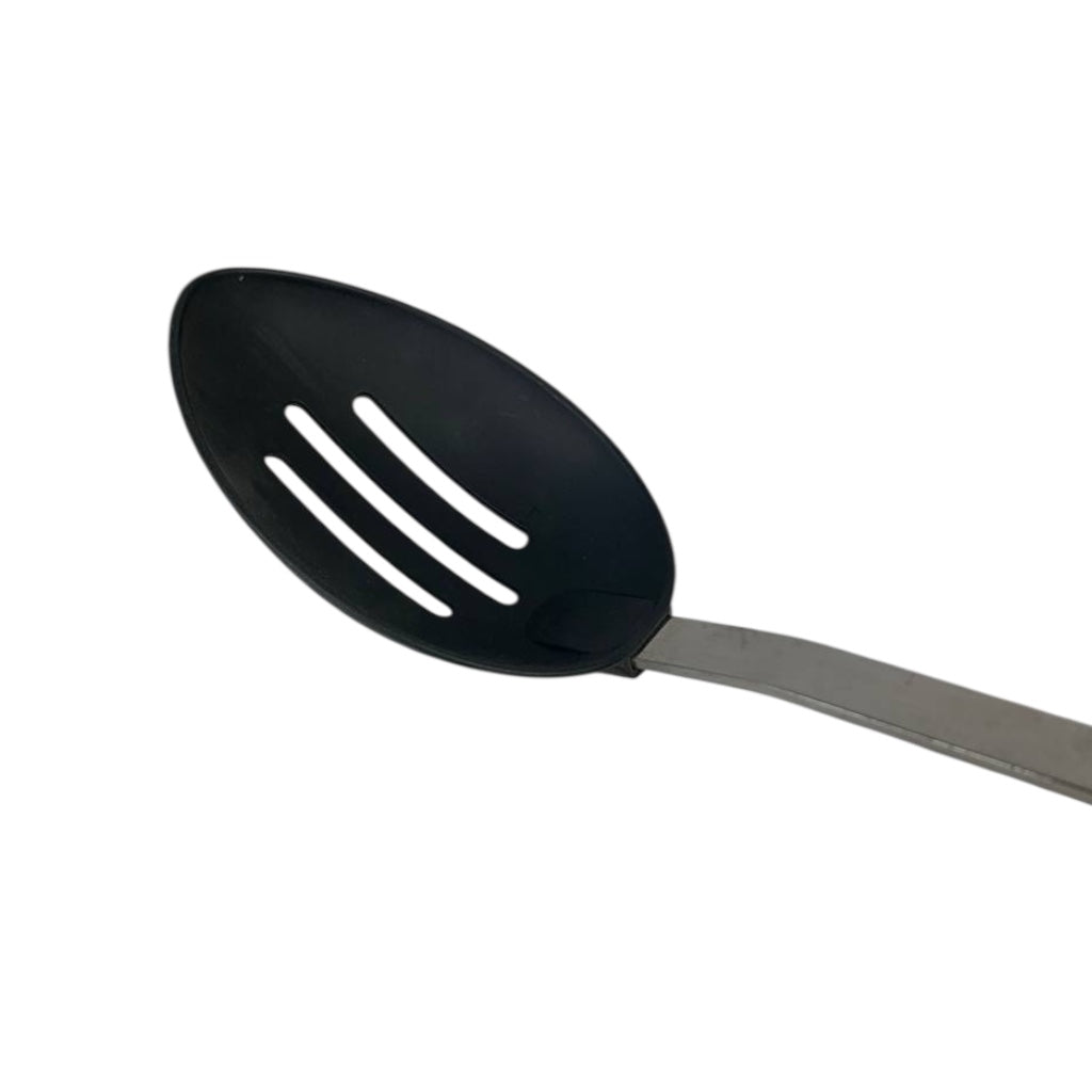 Black slotted spoon on a white background