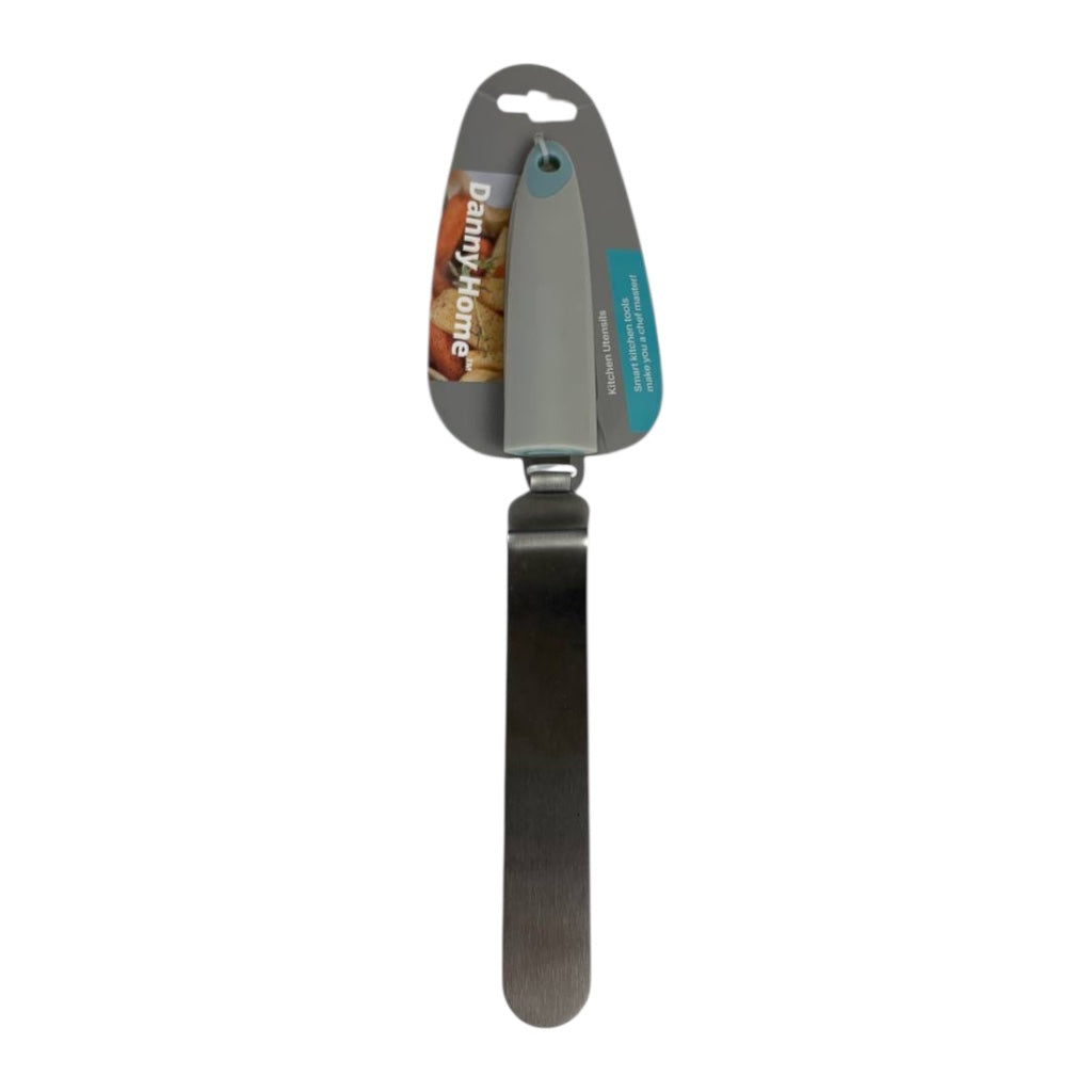 Stainless steel knife with a visible brand label on a white background