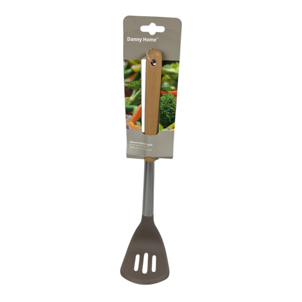 Gray slotted spatula with wooden handle on a white background
