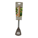 Gray slotted spatula with wooden handle on a white background
