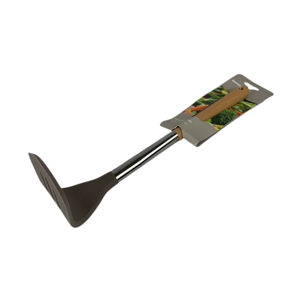 Black garden tool with a wooden handle on a white background