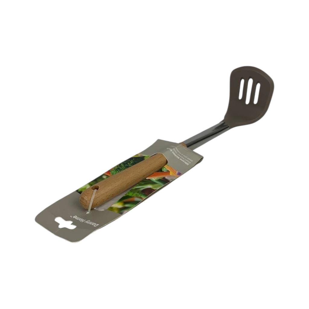 Spatula with wooden handle on a branded card against a white background