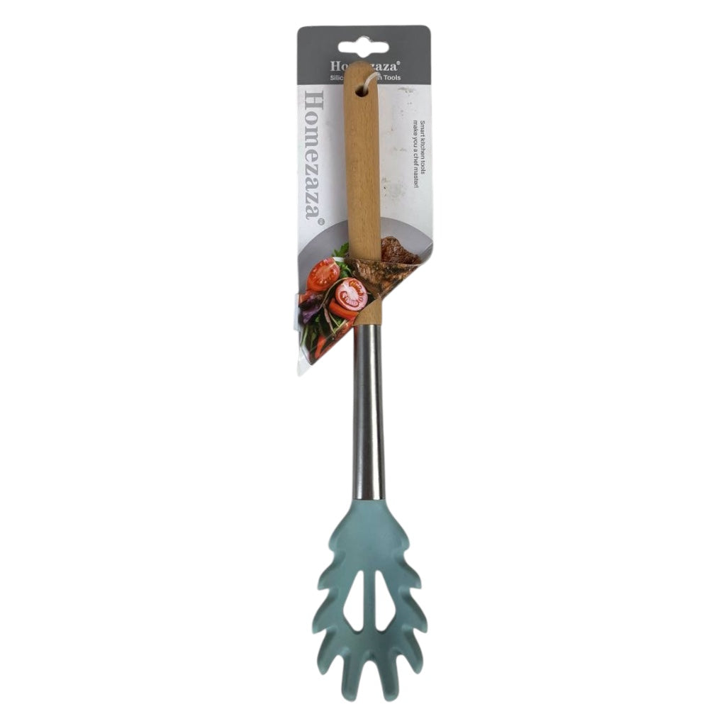 Teal leaf-shaped tool with a wooden handle on a white background