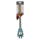 Teal leaf-shaped tool with a wooden handle on a white background