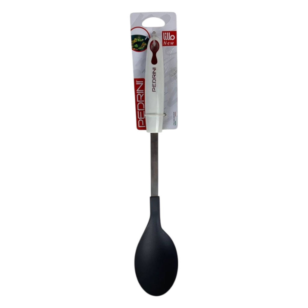 Black spoon with packaging on a white background