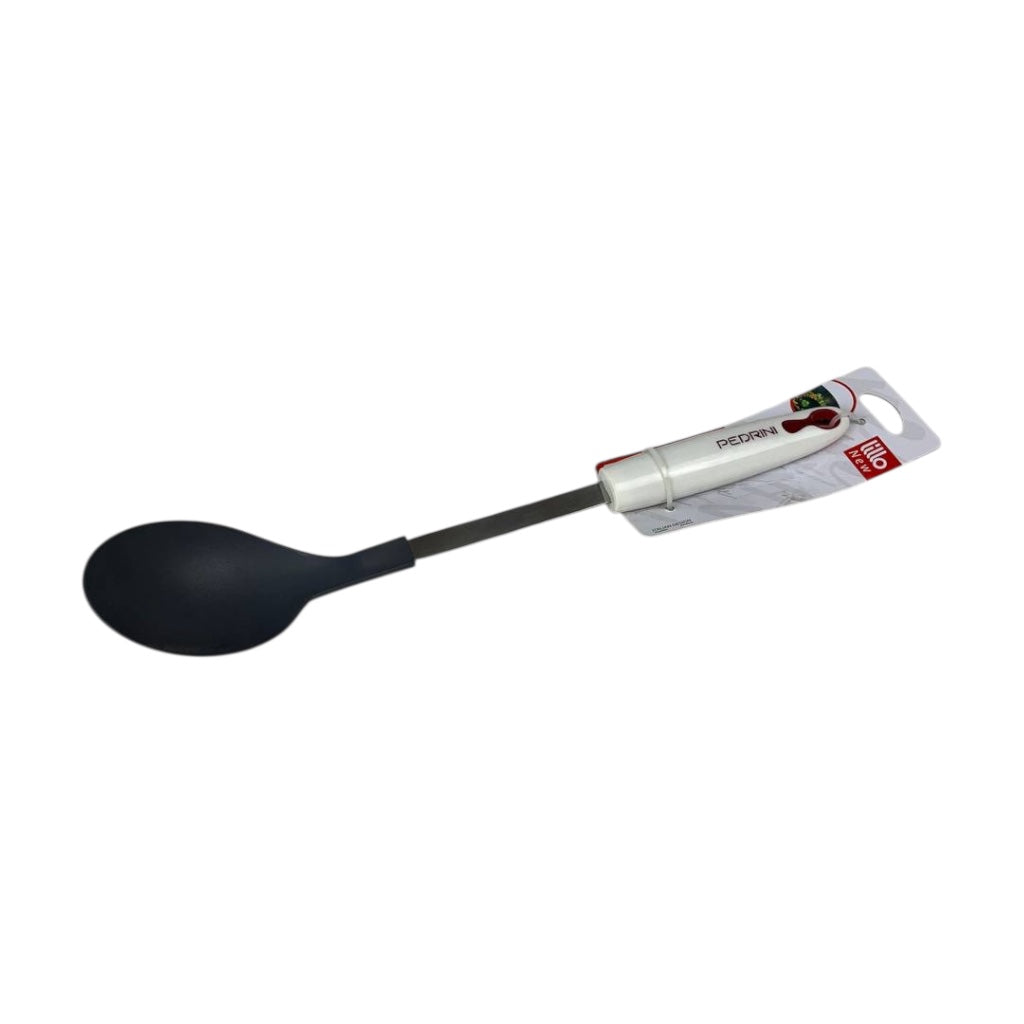 Black spoon with packaging on a white background