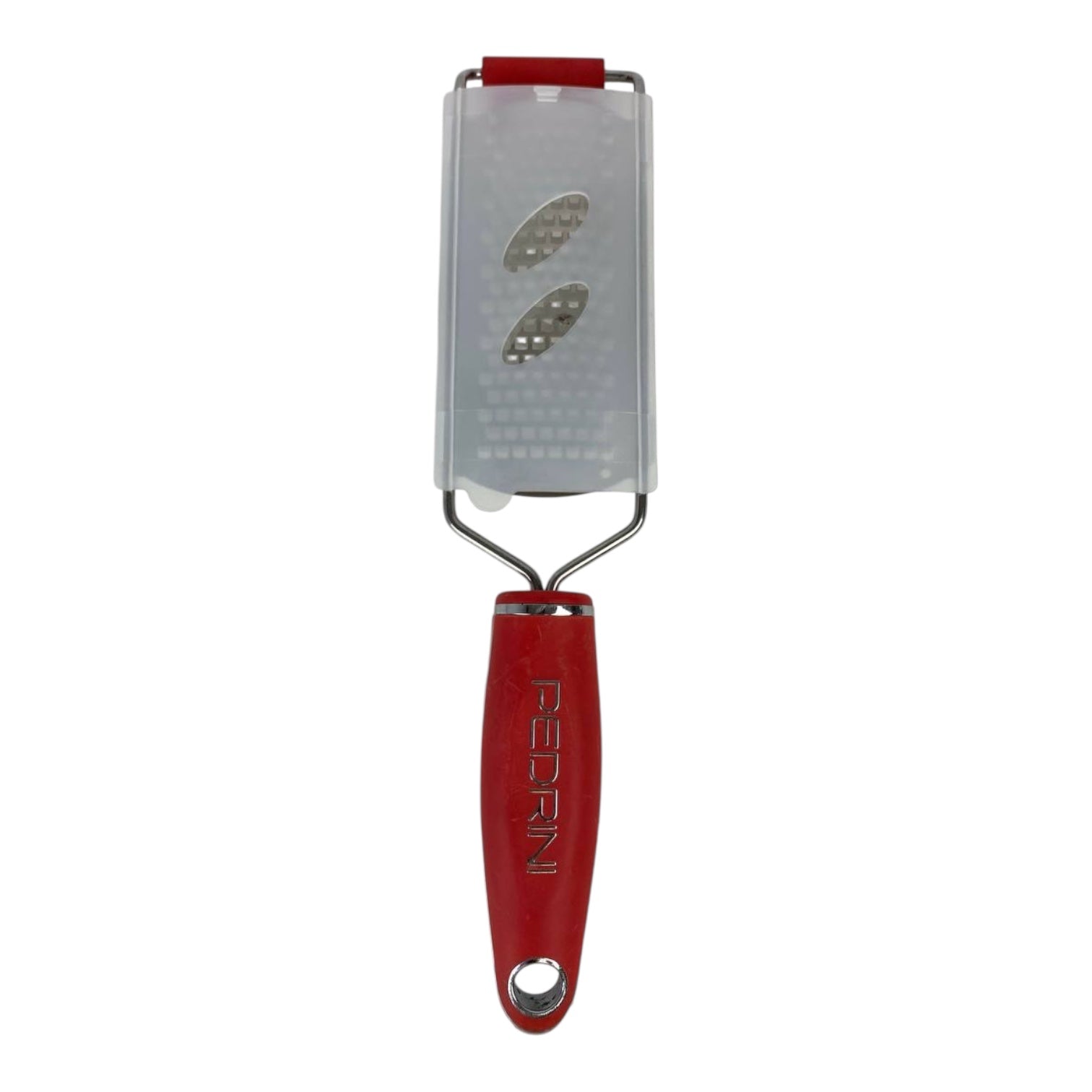 Red and silver zester on a white background