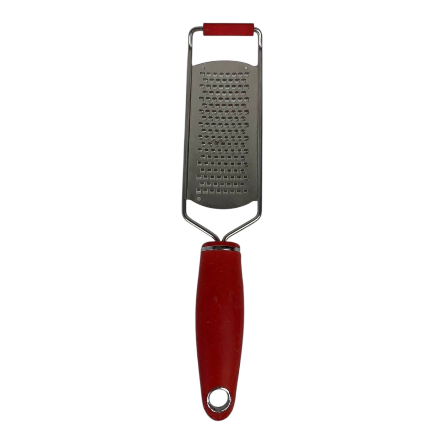 Metal grater with red handle on a white background