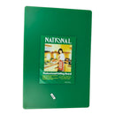 Green cutting board with a promotional image of a woman in a kitchen on a white background