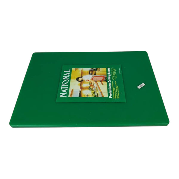 Green cutting board with a National brand label on a white background