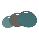 Three circular metal discs in teal, gray, and green on a white background