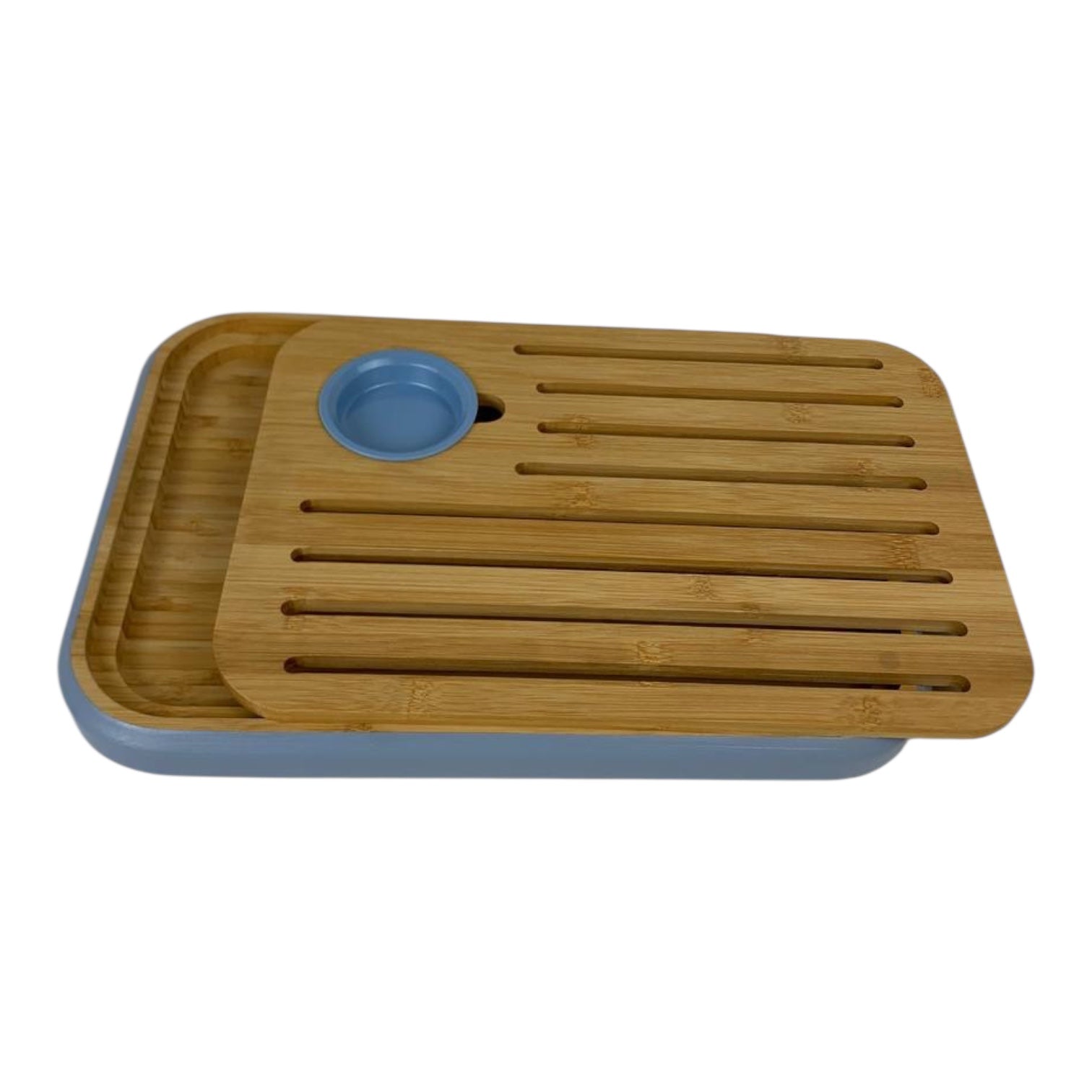 Bamboo tray with a blue base and central compartment on a white background