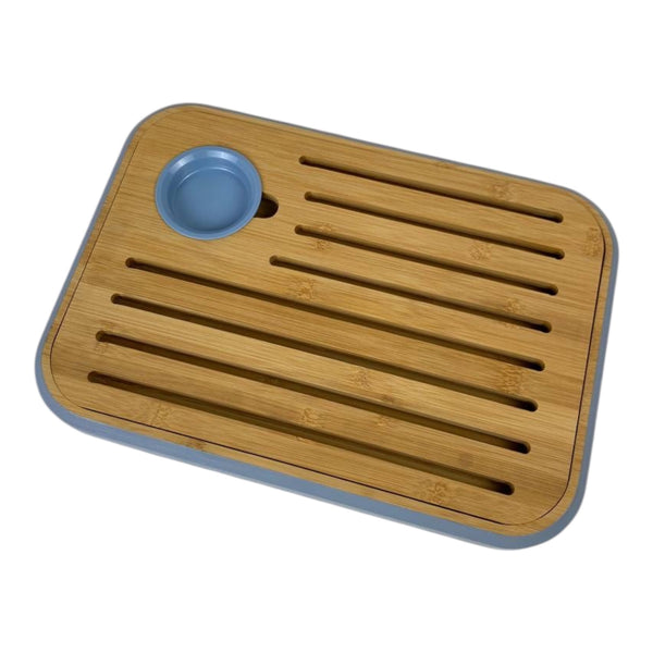 Wooden mat with a blue circular holder on a white background