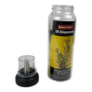 Oil dispenser with yellow label and black text on a white background