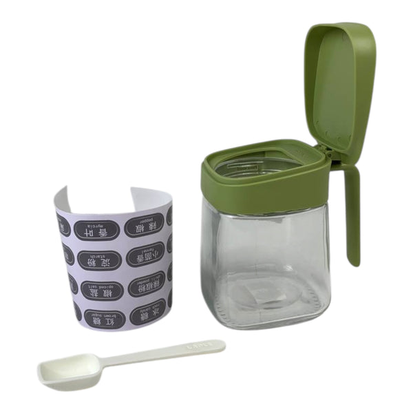 Clear container with green lid, white scoop, and purple label on a white background