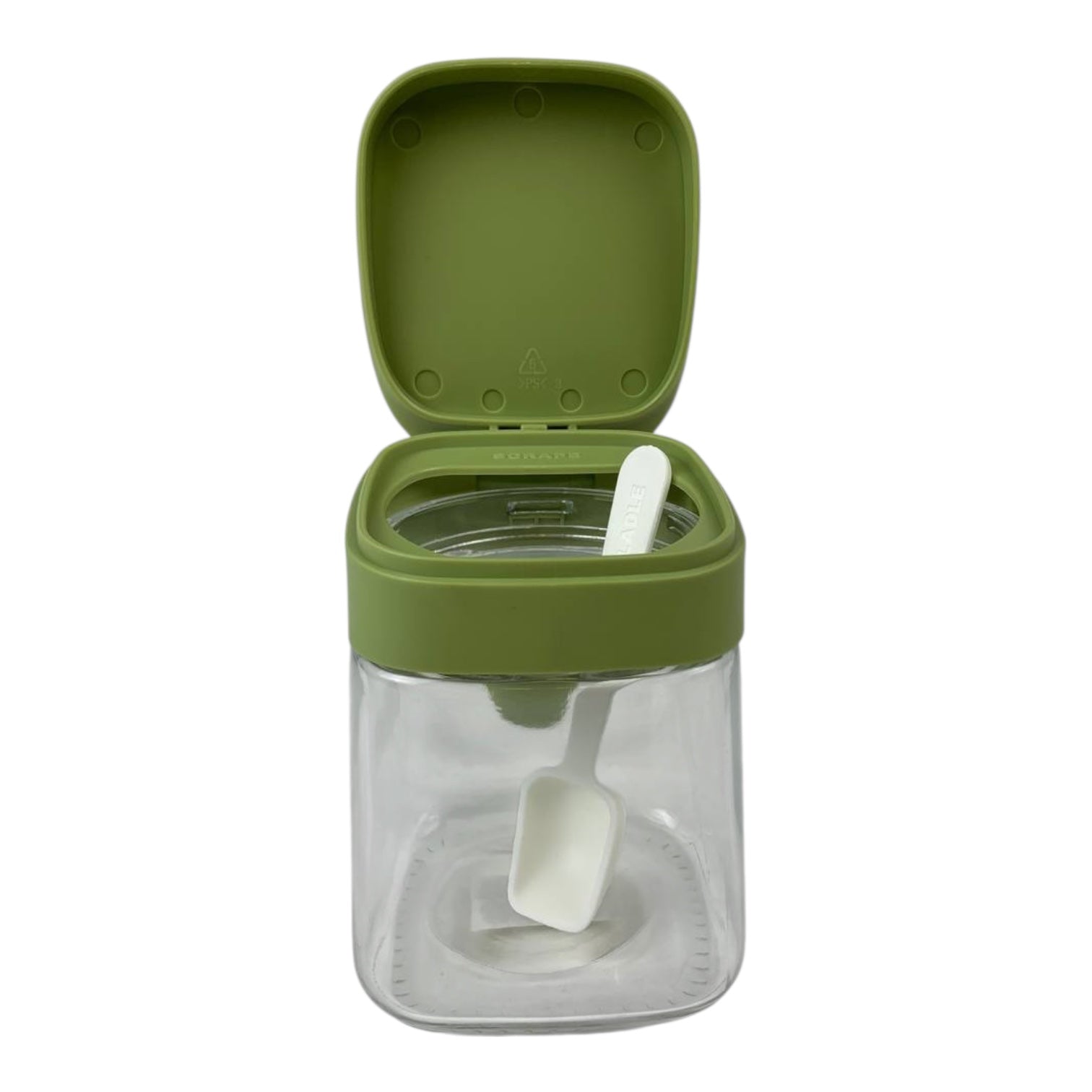 Clear container with green lid and white scoop on a white background