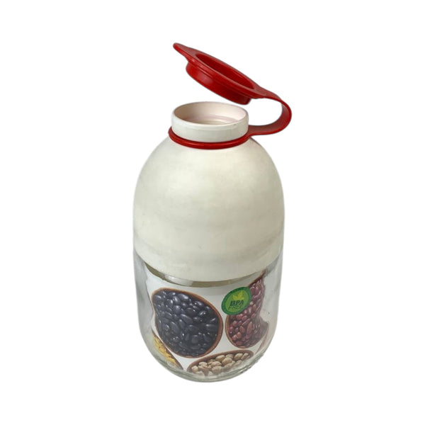 White container with red lid on a white background