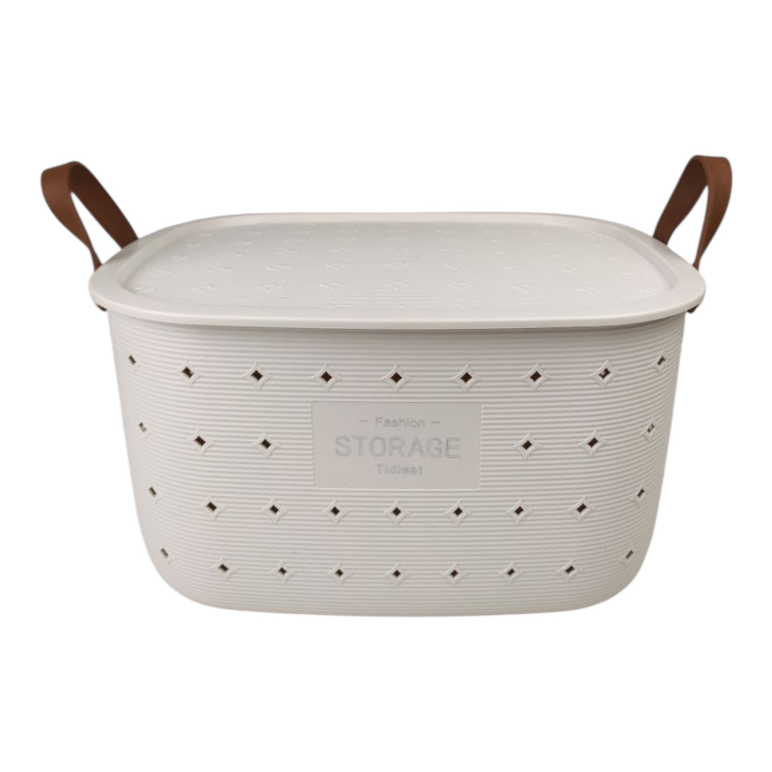 White storage basket with brown handles on a white background