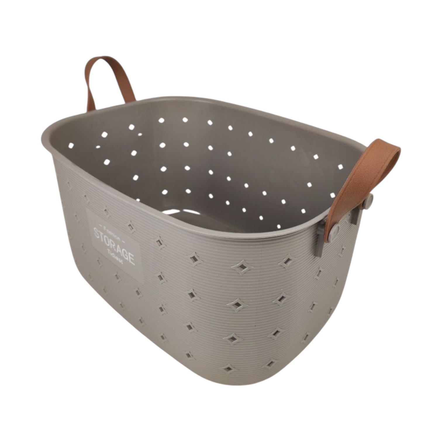 Basket with brown handles and perforated design on a white background