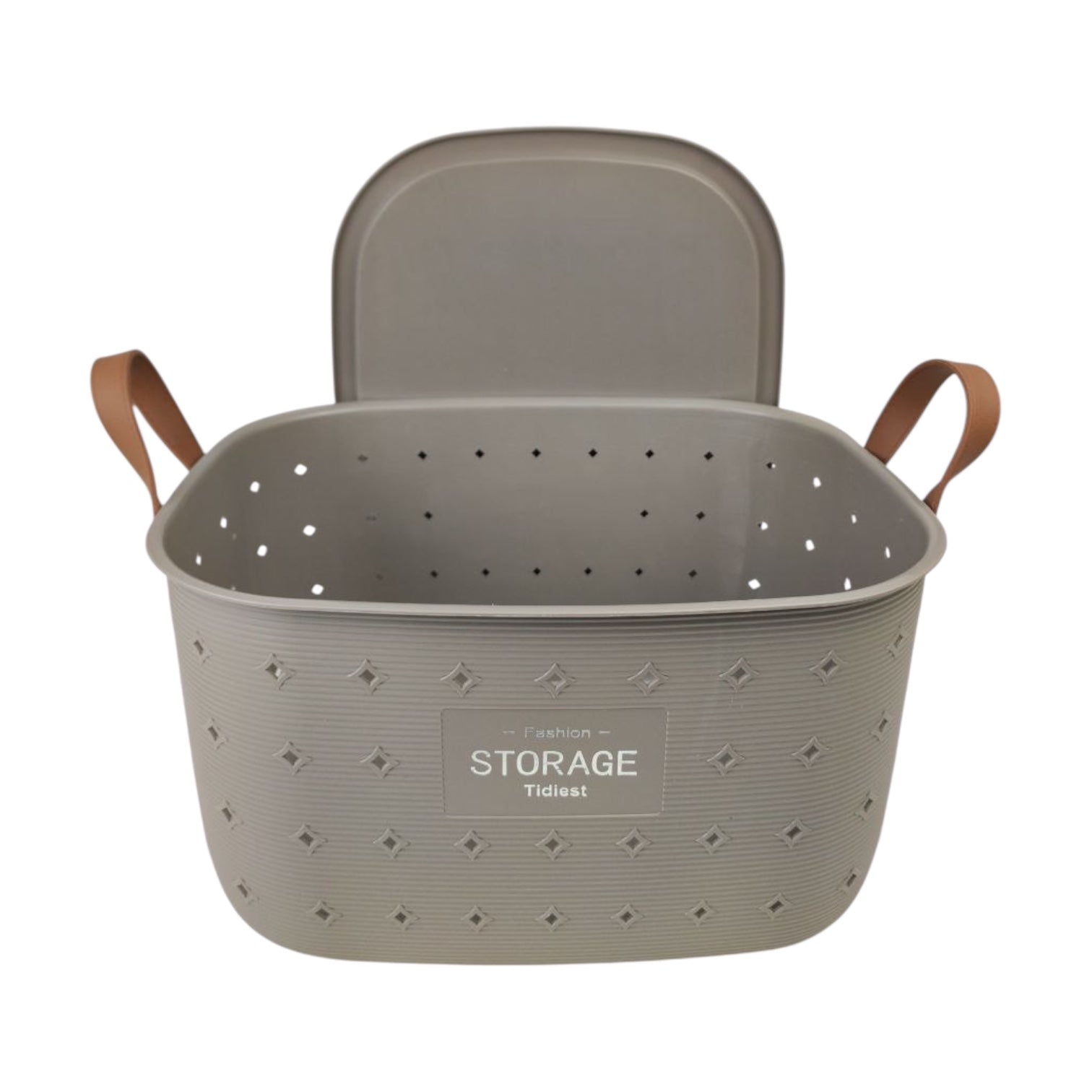 Gray storage basket with lid and handles on a white background