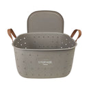 Gray storage basket with lid and handles on a white background
