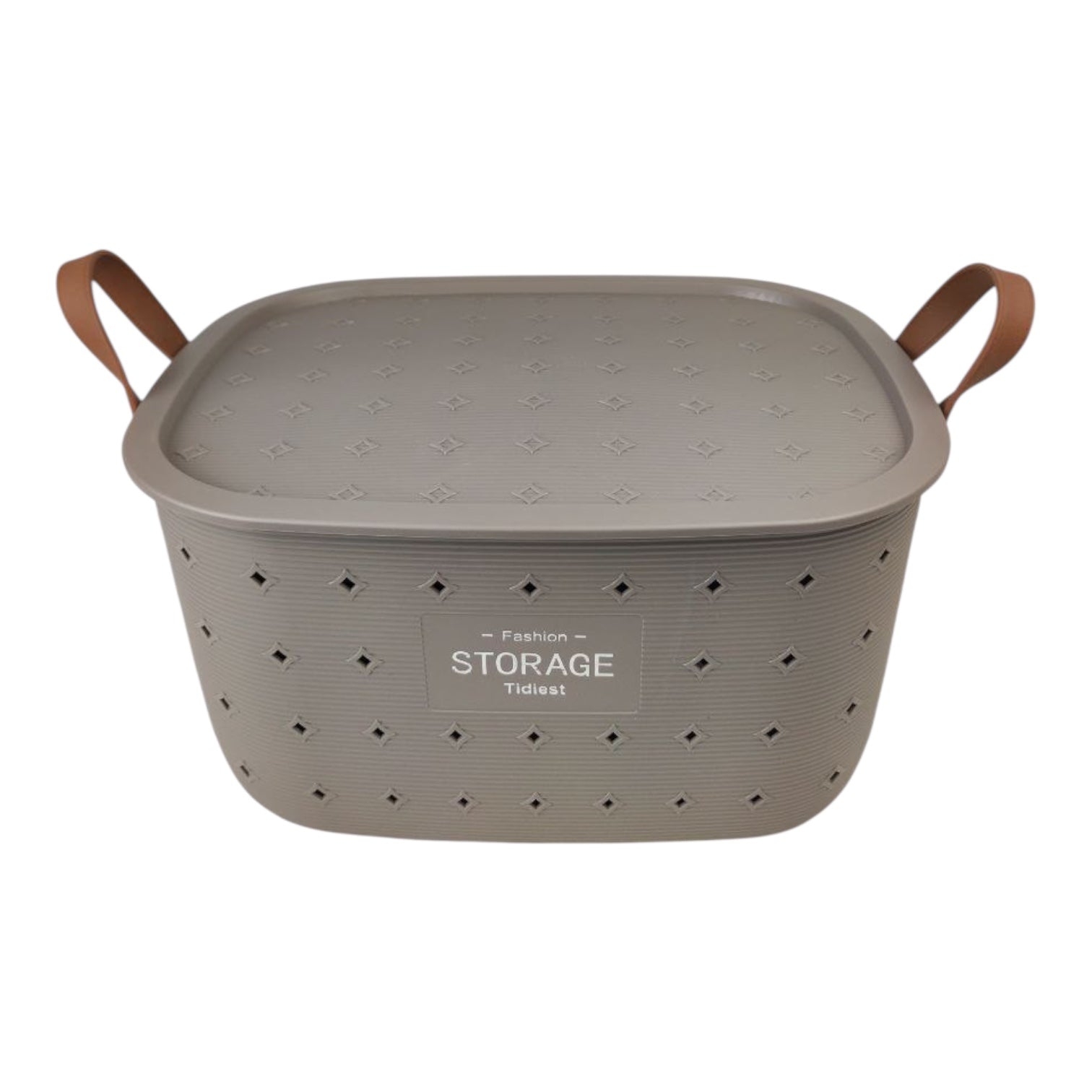 Gray storage basket with a lid and handles on a white background