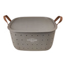 Gray storage basket with a lid and handles on a white background