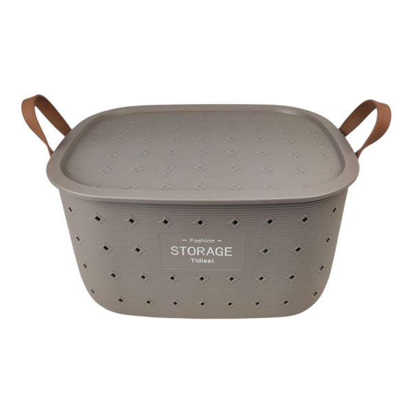 Gray storage basket with a lid and handles on a white background