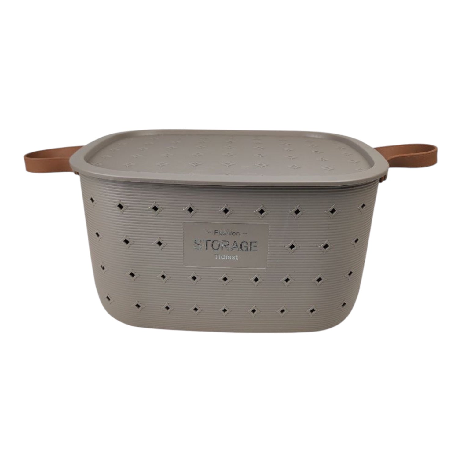 Gray storage container with lid and brown handles on a white background