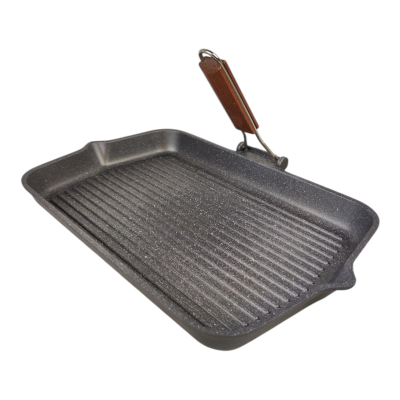 ريسولي جريل جرانيت 43×26×4 سم – مقلاة شواء مستطيلة كبيرة غير لاصقة من الألمنيوم المصبوب بمقبض خشبي قابل للطي صناعة إيطاليا