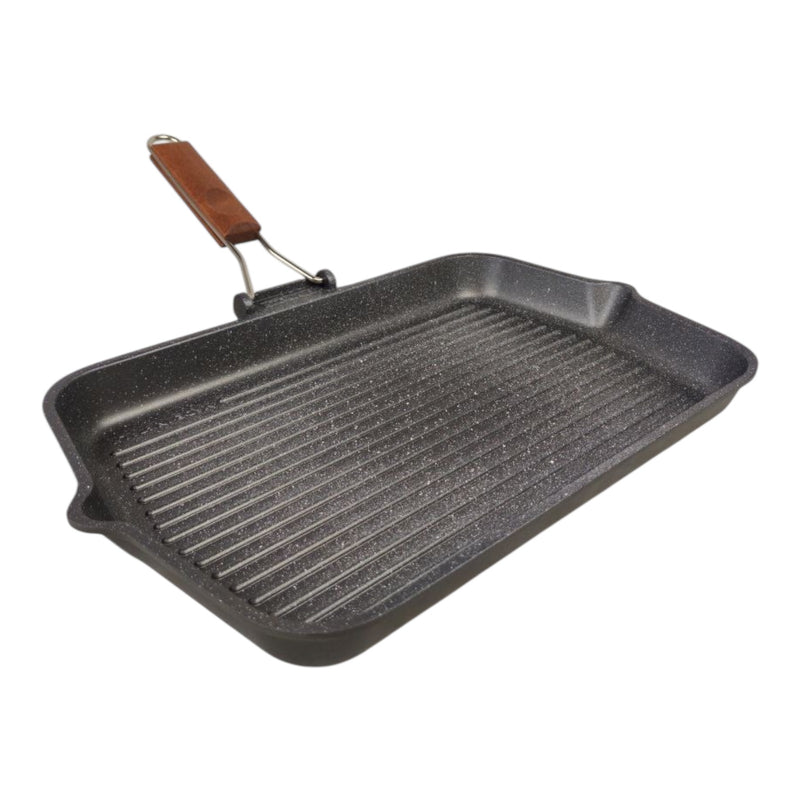 ريسولي جريل جرانيت 43×26×4 سم – مقلاة شواء مستطيلة كبيرة غير لاصقة من الألمنيوم المصبوب بمقبض خشبي قابل للطي صناعة إيطاليا