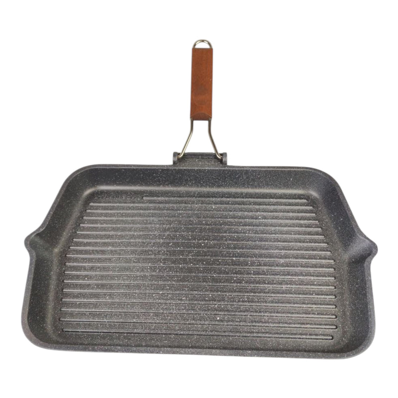 ريسولي جريل جرانيت 43×26×4 سم – مقلاة شواء مستطيلة كبيرة غير لاصقة من الألمنيوم المصبوب بمقبض خشبي قابل للطي صناعة إيطاليا