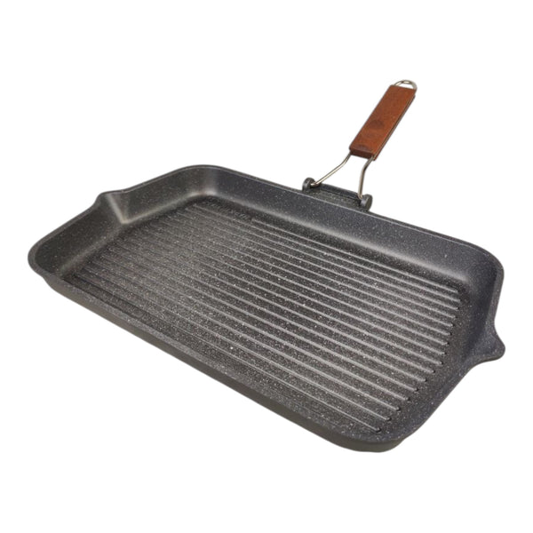 ريسولي جريل جرانيت 43×26×4 سم – مقلاة شواء مستطيلة كبيرة غير لاصقة من الألمنيوم المصبوب بمقبض خشبي قابل للطي صناعة إيطاليا
