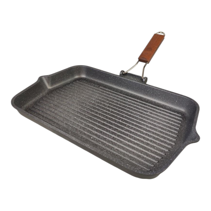 ريسولي جريل جرانيت 43×26×4 سم – مقلاة شواء مستطيلة كبيرة غير لاصقة من الألمنيوم المصبوب بمقبض خشبي قابل للطي صناعة إيطاليا