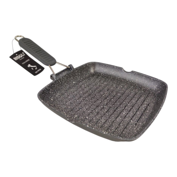 ريسولي جريل جرانيت 26×26×3.5 سم – مقلاة مربعة غير لاصقة من الألمنيوم المصبوب بمقبض قابل للطي