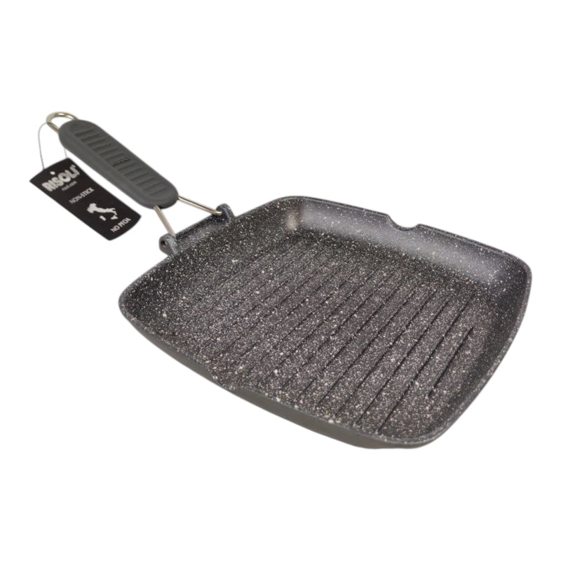 ريسولي جريل جرانيت 26×26×3.5 سم – مقلاة مربعة غير لاصقة من الألمنيوم المصبوب بمقبض قابل للطي