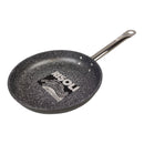 Black speckled frying pan with a brand logo on a white background