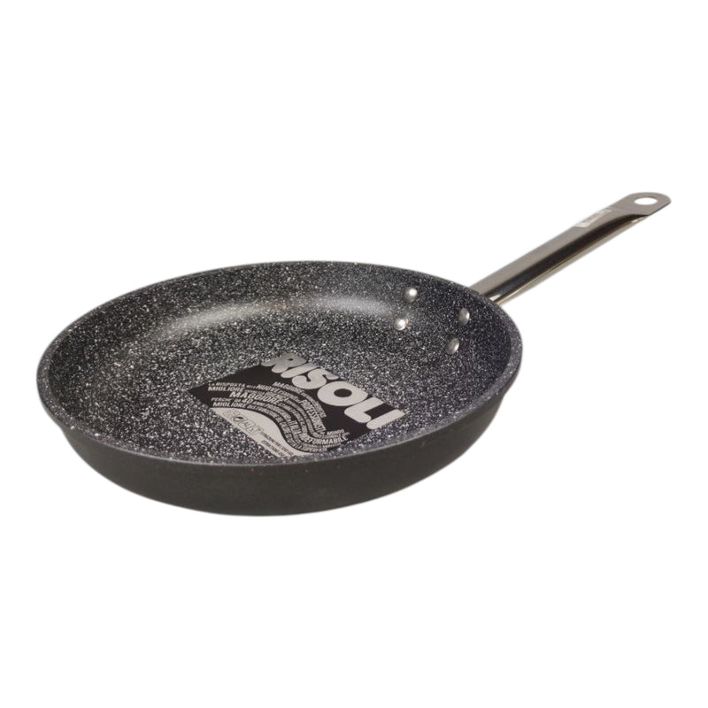 Black frying pan with speckled pattern on a white background