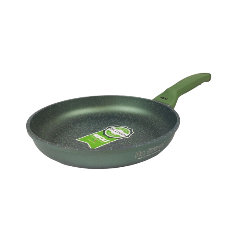 Green frying pan with a brand logo on a white background