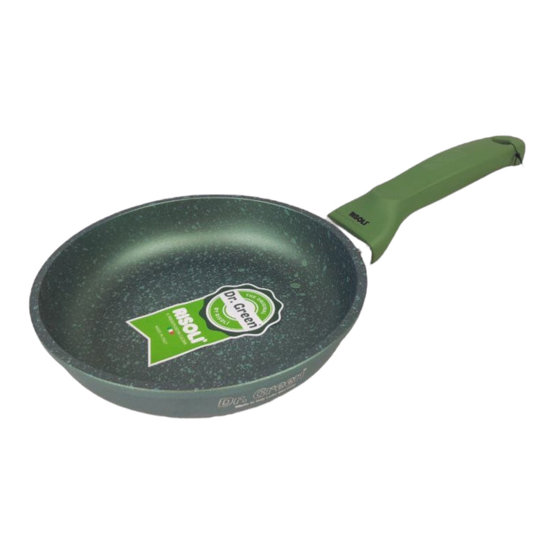 Green frying pan with a brand logo on a white background