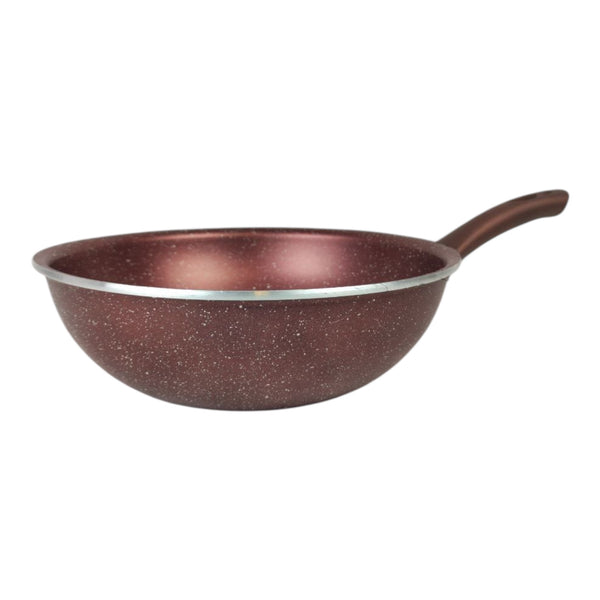 Brown speckled wok with a silver interior on a white background
