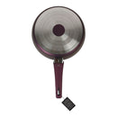 Silver frying pan with a purple handle on a white background