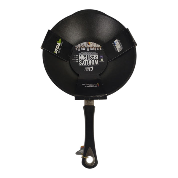 Black frying pan with a handle on a white background