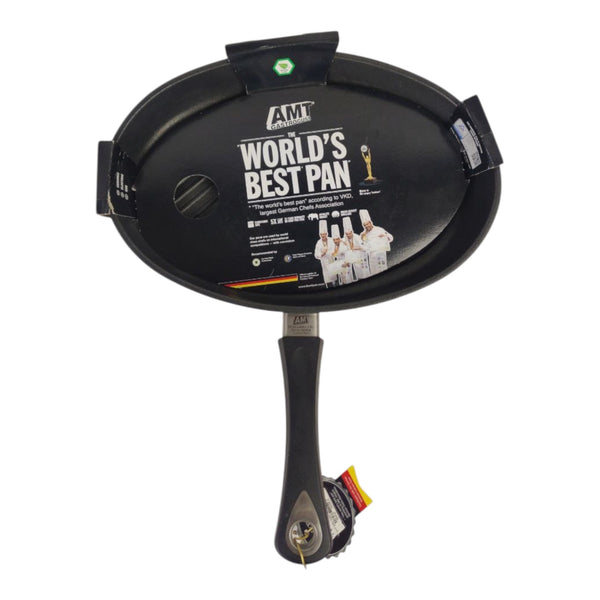 Black frying pan with 'World's Best Pan' label on a white background