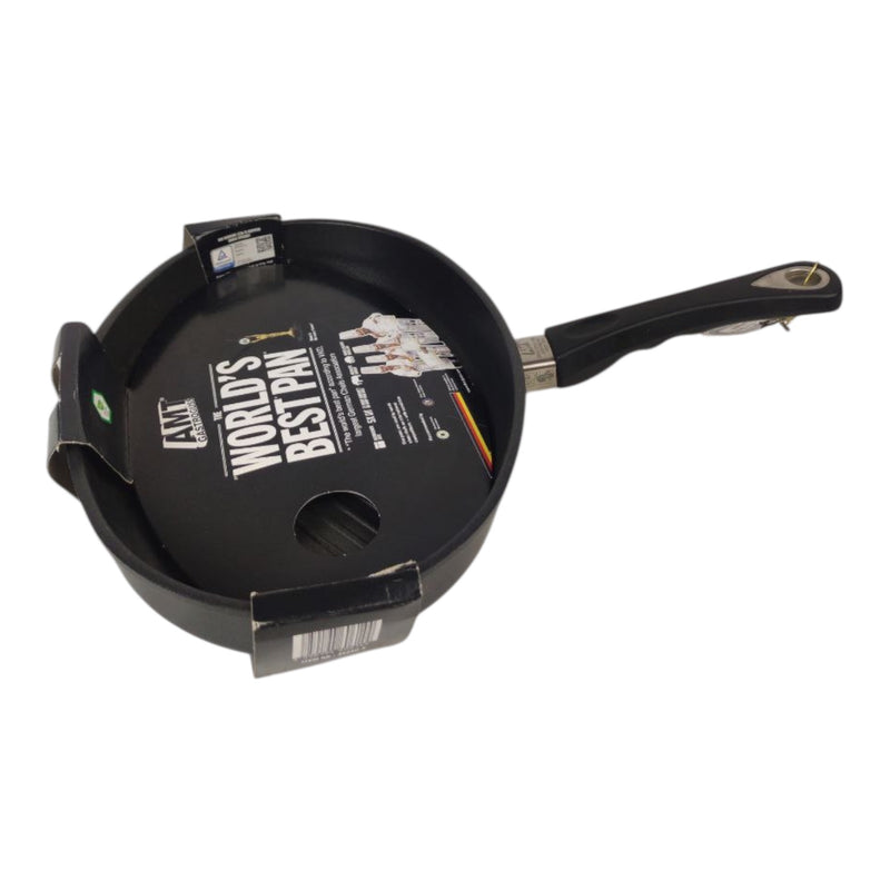 Black frying pan with 'World's Best Pan' branding on a white background