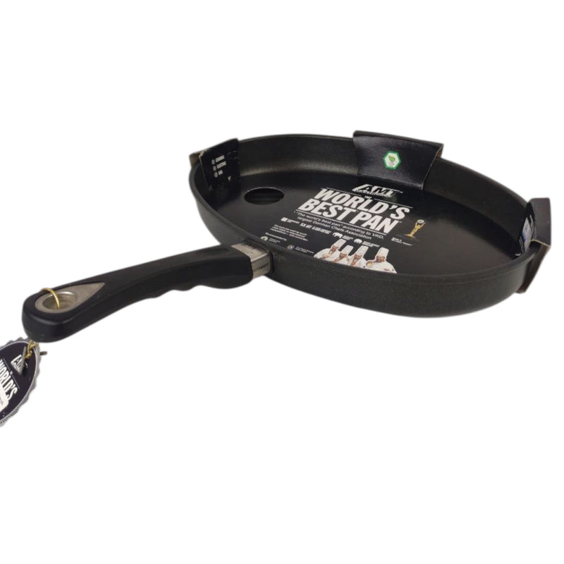 Black frying pan with 'World's Best Pan' text on a white background