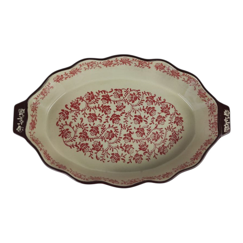 Decorative plate with red floral pattern on a white background