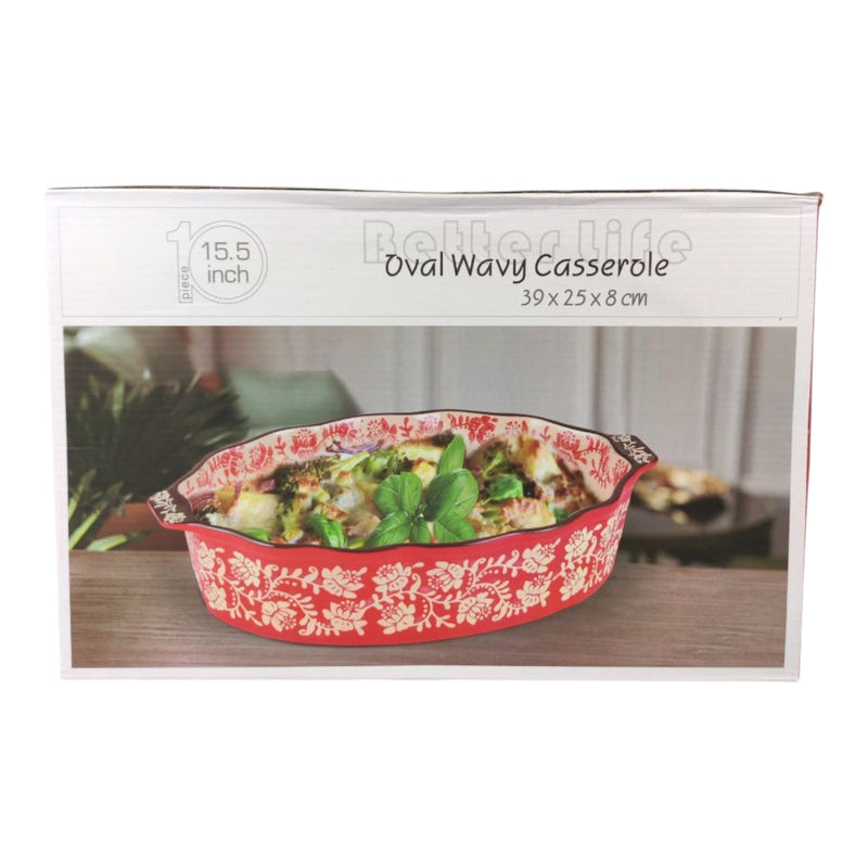 Oval wavy casserole dish with floral pattern on packaging