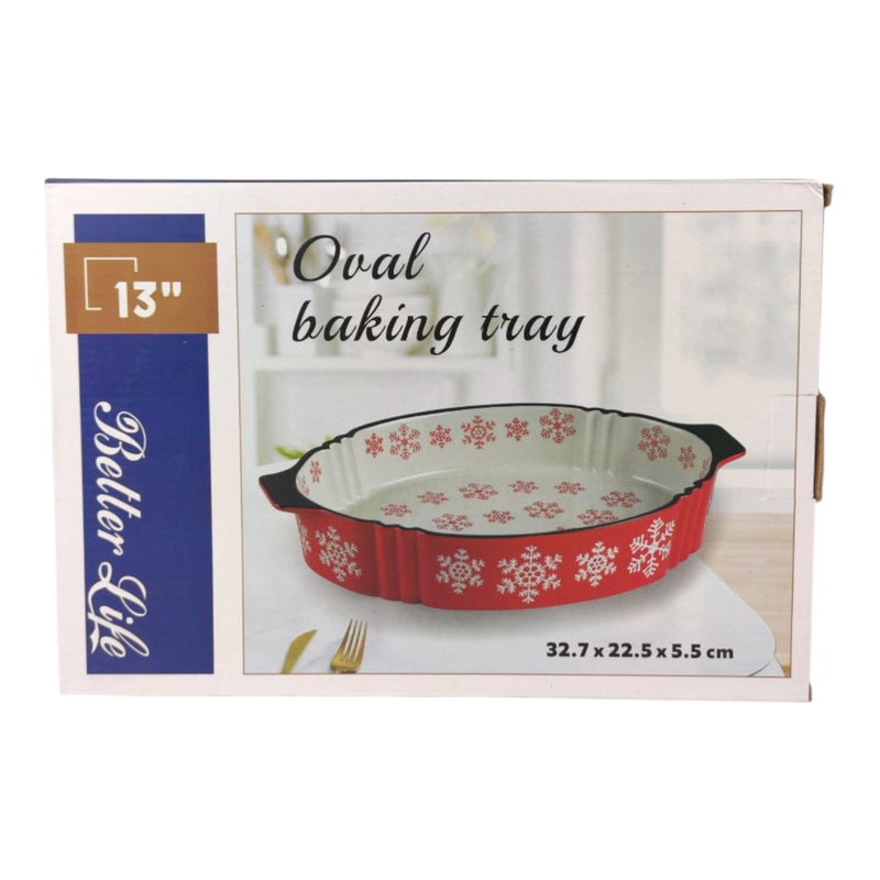 Oval baking tray with snowflake design in packaging