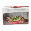 Rectangular wavy casserole dish with food on a white background